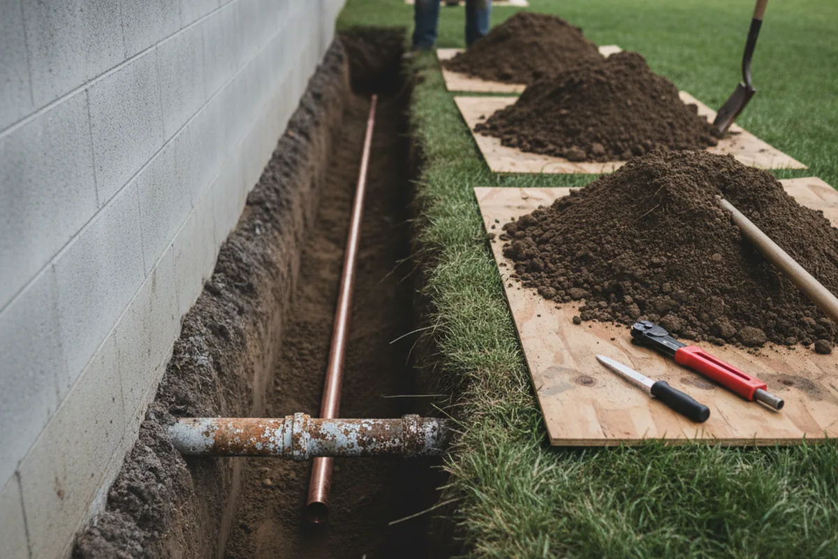 Excavated water line trench during Water Heater Repair in Burbank